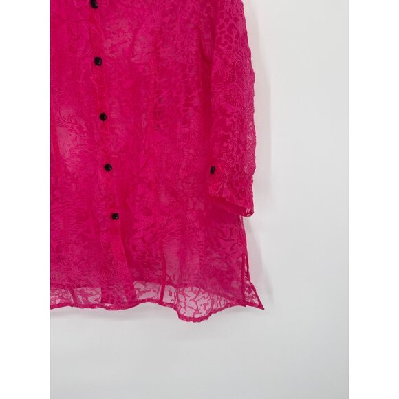 Ali Miles Womens Button-Up Tunic Top size Large Pink semi sheer wired collar - Picture 2 of 4